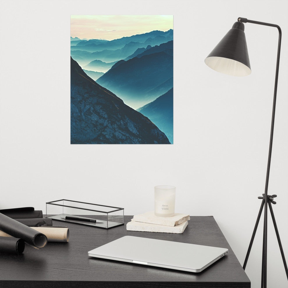 Misty Blue Silhouette Mountain Range Landscape Photo Unframed Wall Art Prints, 16" X 20"