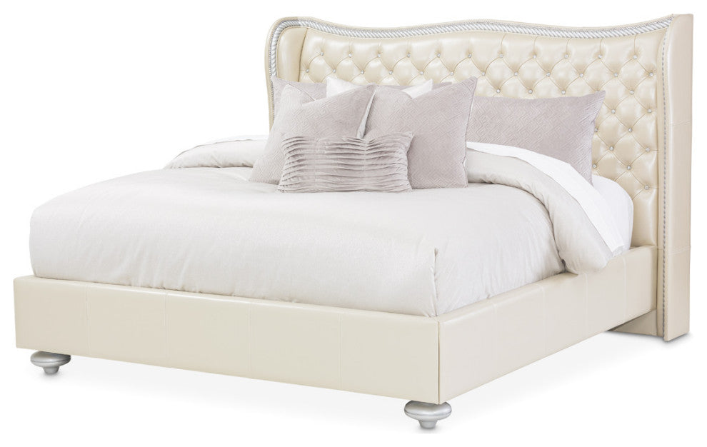 Hollywood Swank Queen Tufted Leather Bed - Creamy Pearl
