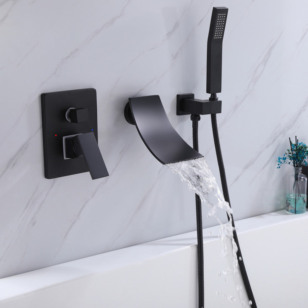 Wall Mounted Pressure Balance Dual Handle Roman Tub Faucet with Hand shower, Mat