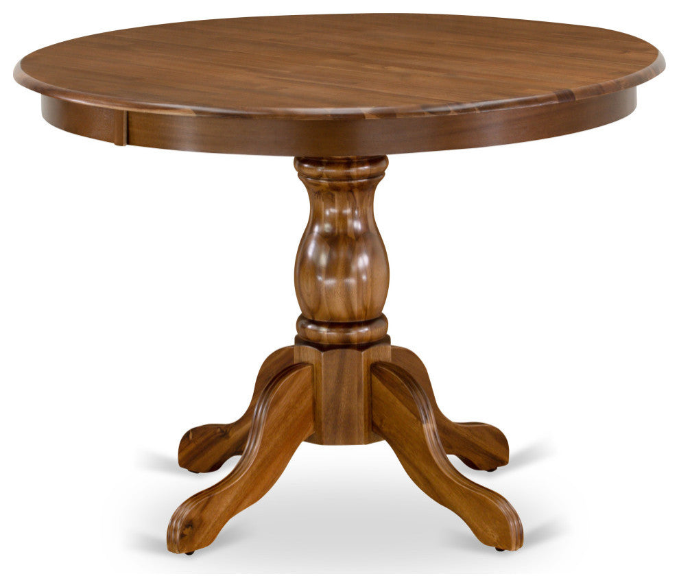 Dining Table, Acacia Walnut Color Top Surface, Asian Wood Table Pedestal Legs