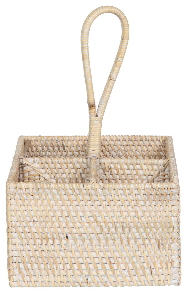 Loma Rattan Bottle and Silverware Caddy, White-Wash