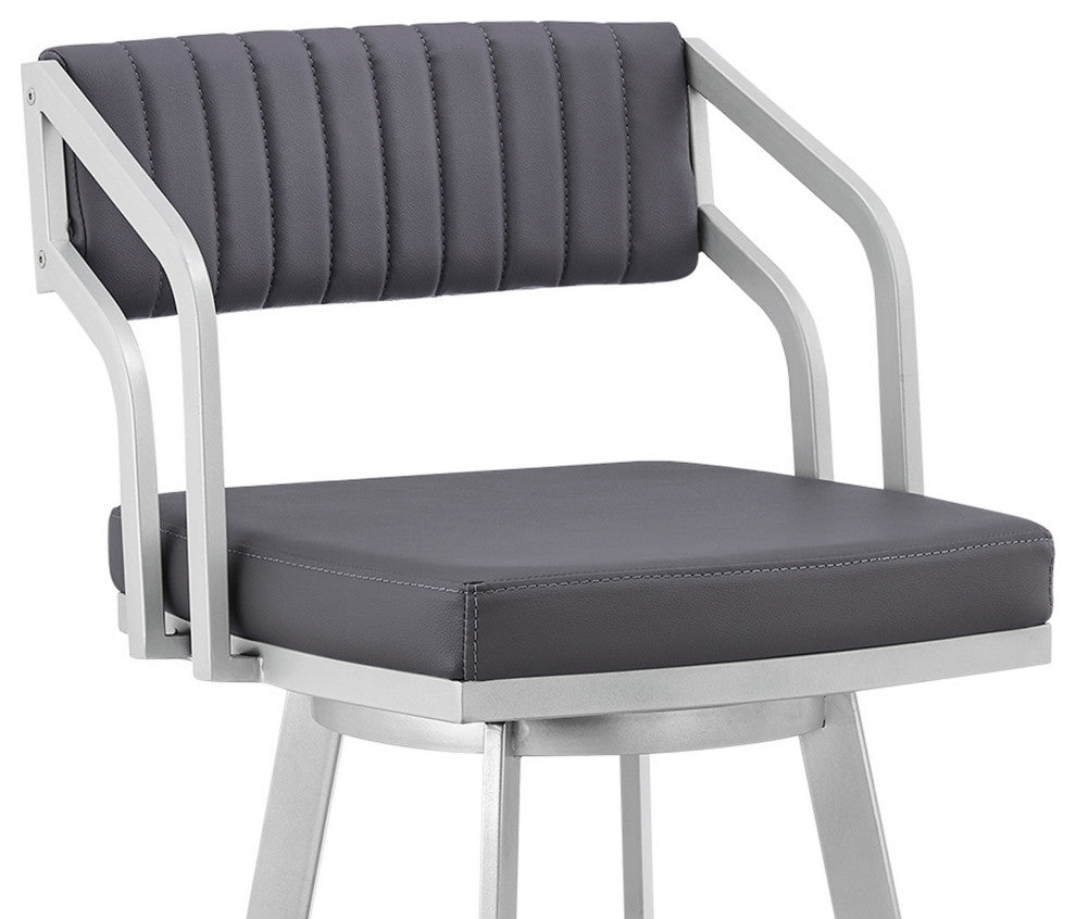 Benzara BM282057 30" Metal Bar Stool, Swivel, Vegan Faux Leather, Gray, Silver