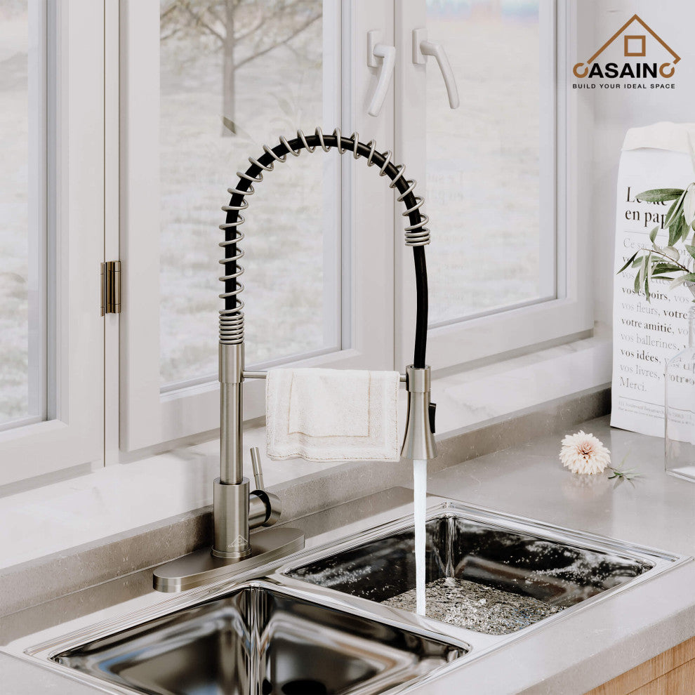 Kitchen Faucet Spring Standard Dual-Function Spray Head Deck Plate Brushed Nicke