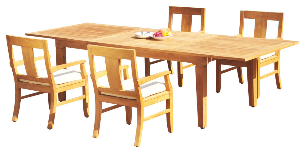 5-Piece Outdoor Teak Dining Set: 122" Extn Rectangle Table, 4 Osbo Arm Chairs