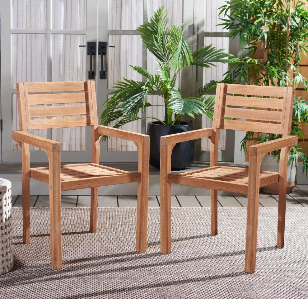 Safavieh Indoor-Outdoor Leon Solid Teak Stacking Chair, Set of 2, Natural