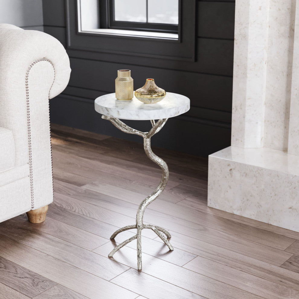 Sofa Side Table, Round, Artificial Marble, Aluminum Metal, White, Silver