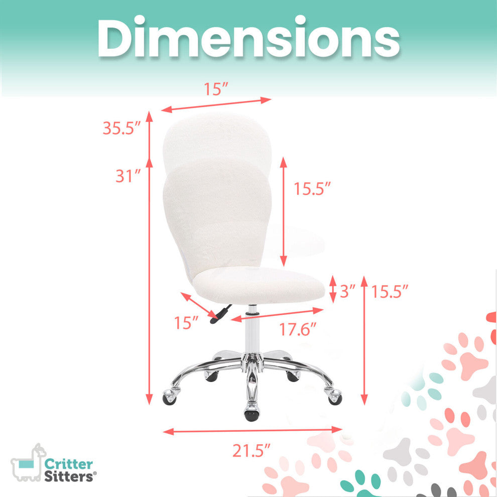 Critter Sitters Emmy Faux Fur Swivel Office Chair, White/Chrome