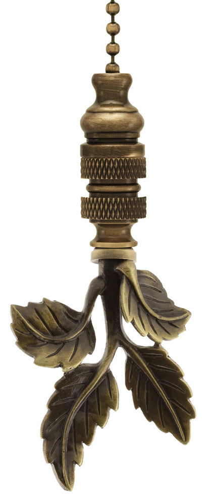Leaves Ceiling Fan Pull, 3"h with 12" Antiqued Brass Chain