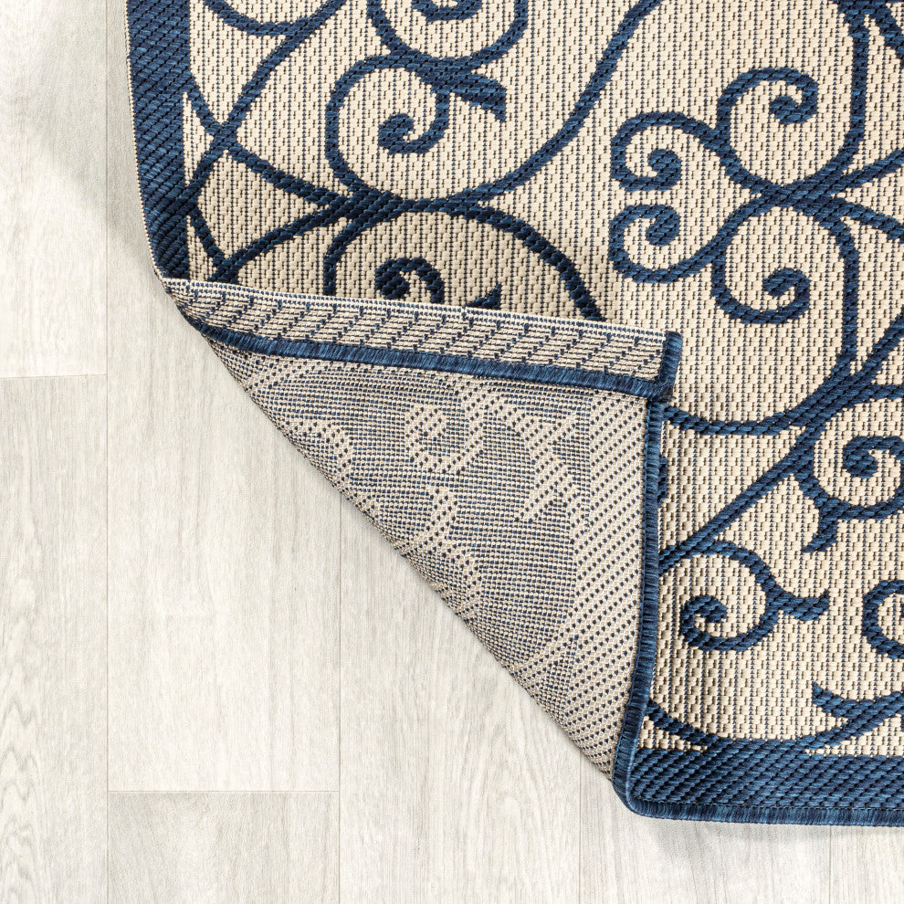 Madrid Vintage Filigree Textured Weave Indoor/Outdoor, Navy/Beige, 3 X 5