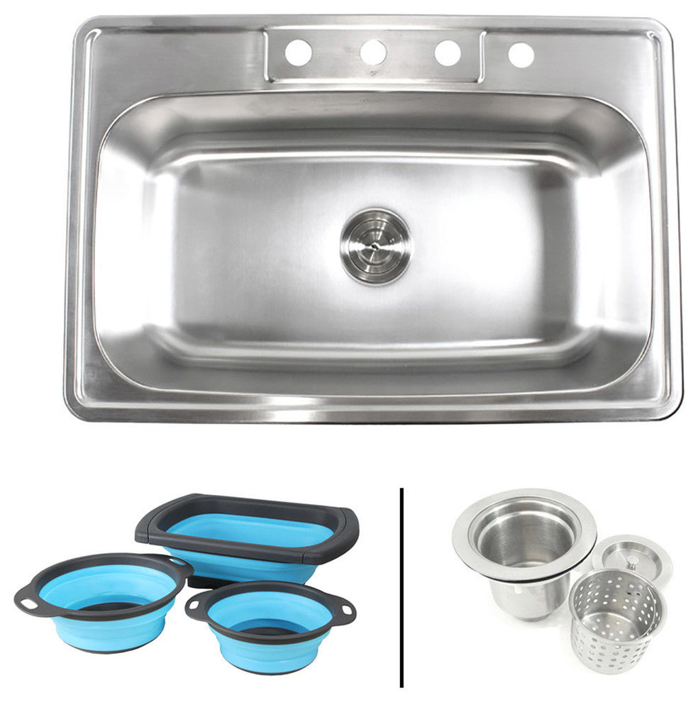 33" Topmount Drop-In Stainless Steel Kitchen Sink With Silicone Colander