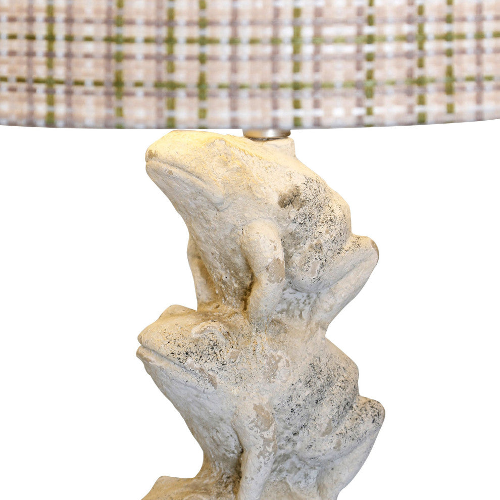 Ribbit Table Lamp Stacked Cement Frogs With Pastel Plaid Shade