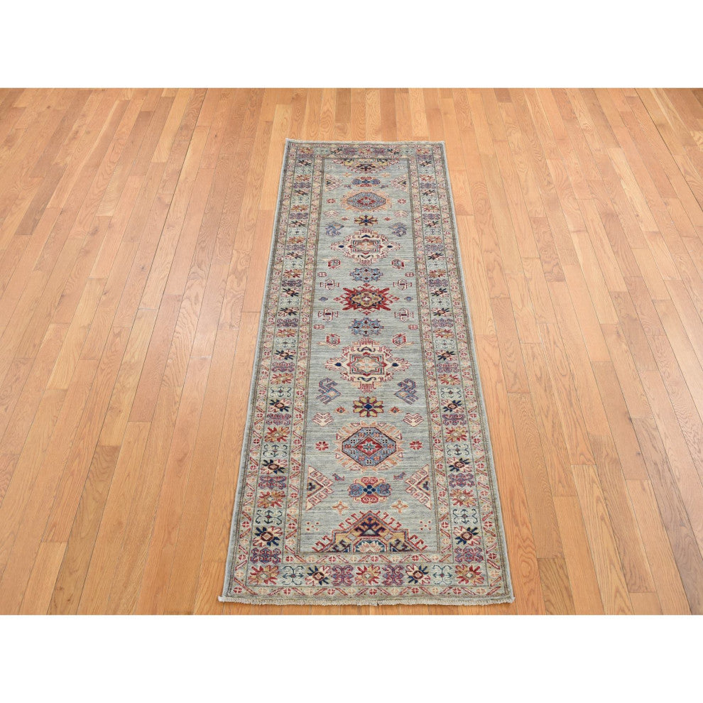 Light Gray Afghan Super Kazak Geometric Design Hand Knotted Wool Rug 2'10"x8'