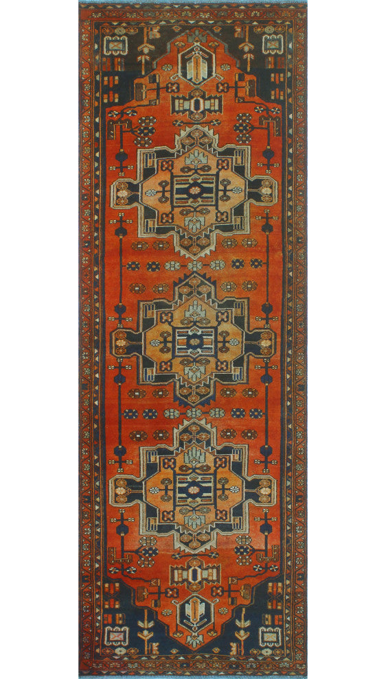 Fine Vintage Distressed Cwentun Rust/Navy Runner, 3'2x9'9