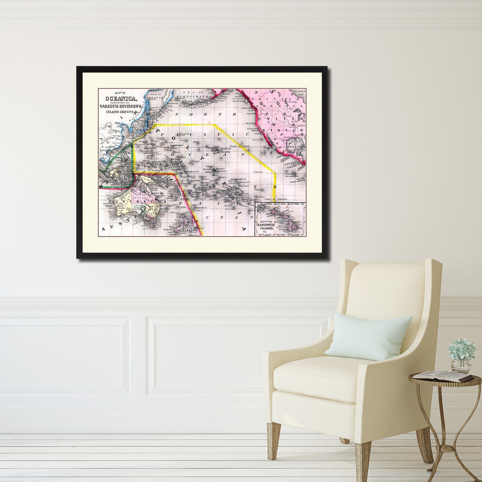 Oceania Vintage Map Print On Canvas With Picture Frame 28" X 37"