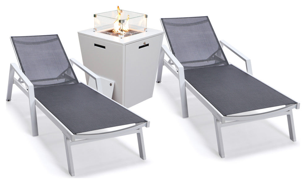 LeisureMod Marlin Chaise Lounge Set With Arms and Fire Pit Table, Black