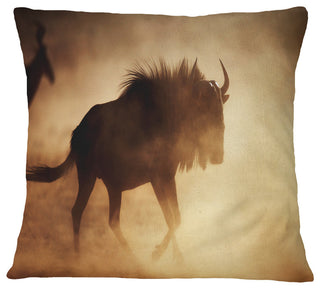 Blue Wildebeest Running in Dust African Throw Pillow, 16"x16"