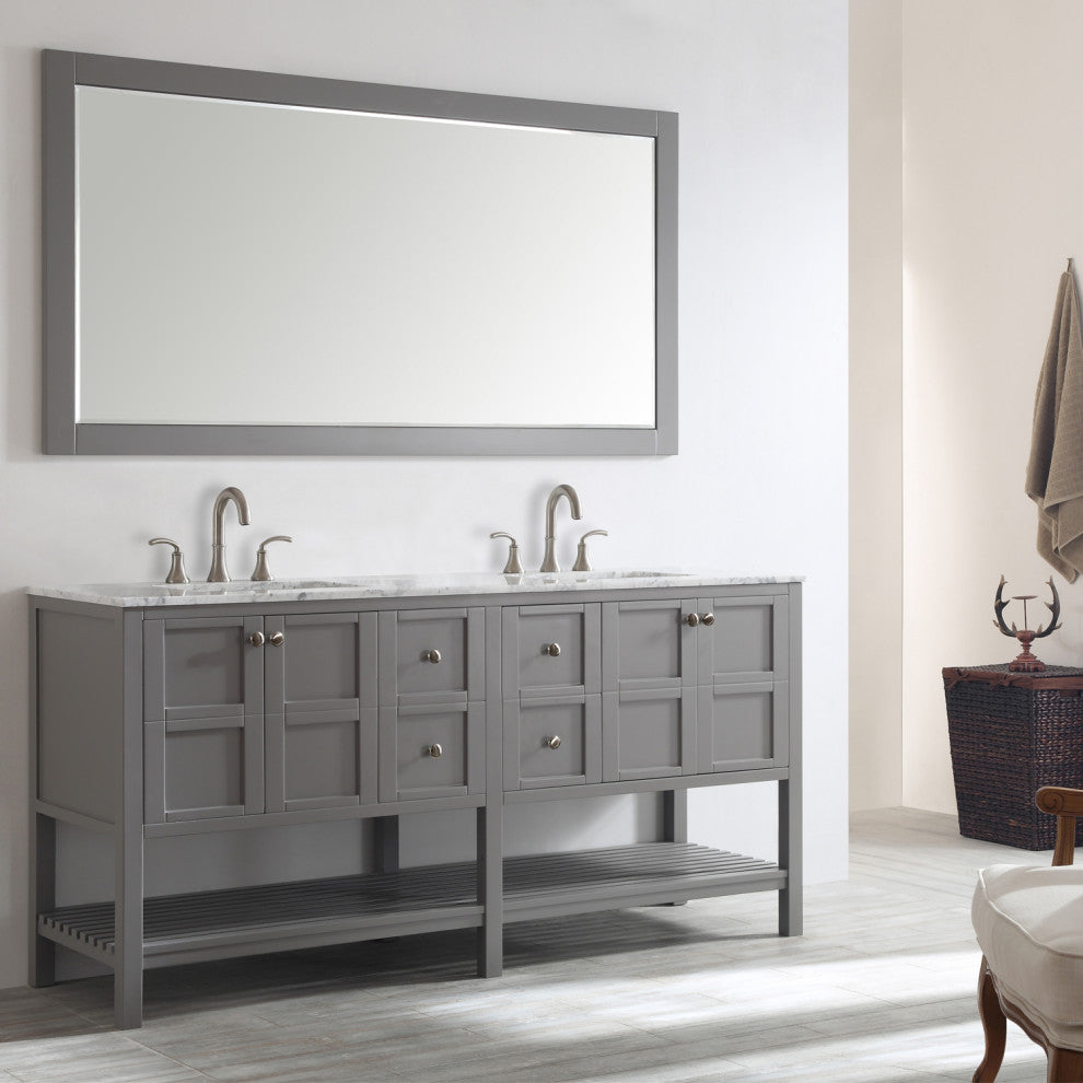 Florence 72" Double Vanity, Carrara White Marble Top, Gray, With Mirror