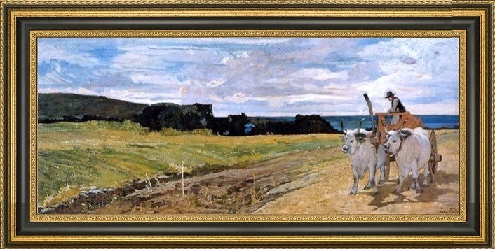 Giovanni Fattori Buoi al Carro Framed Premium Canvas Print, 15"x30"