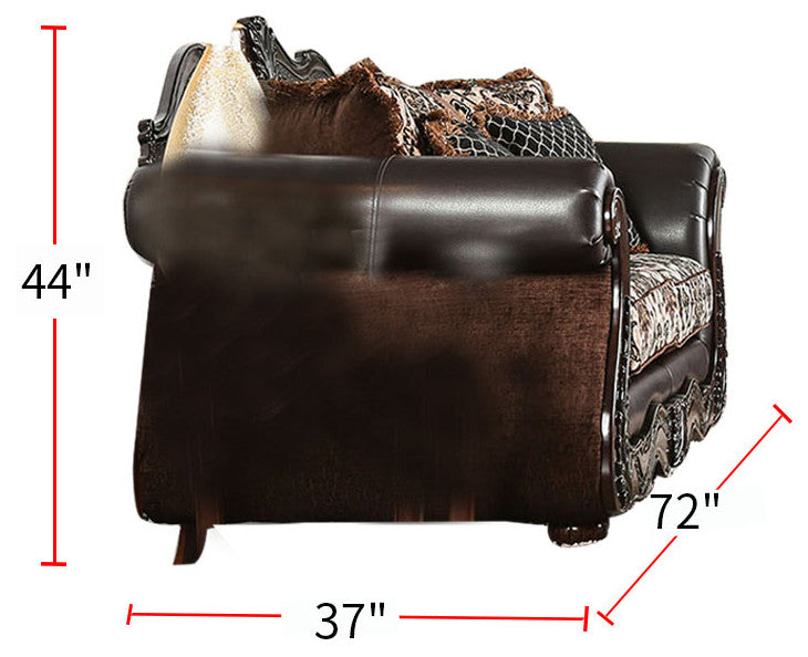 Faux Leather and Chenille Love Seat with Button Tufting Design, Brown