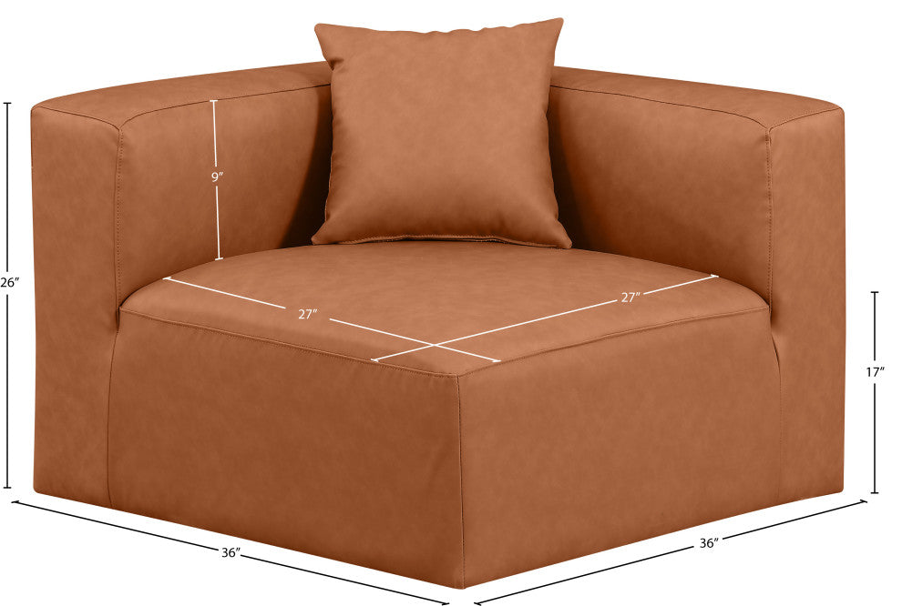 Cube Upholstered Modular Component, Cognac, Vegan Leather, Corner Chair