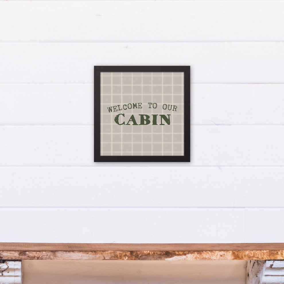 Welcome to our Cabin Gray and White Check 13.73x13.73 Black Framed Canvas