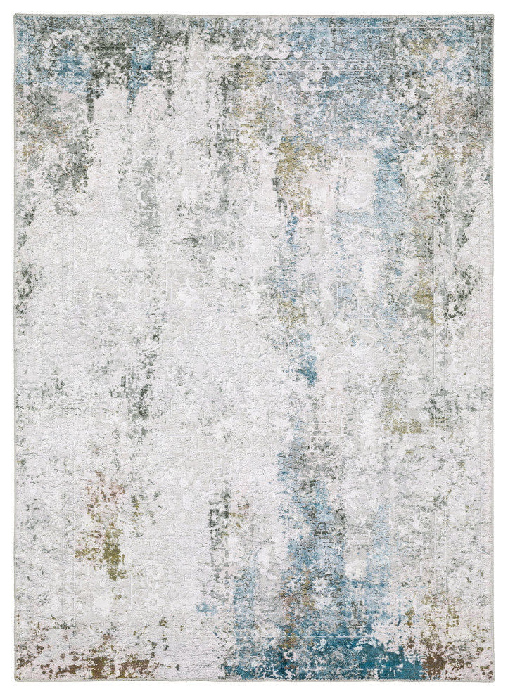 Michaela Machine Washable Faded Ivory/ Blue Indoor Area Rug, Ivory, 2'x3'