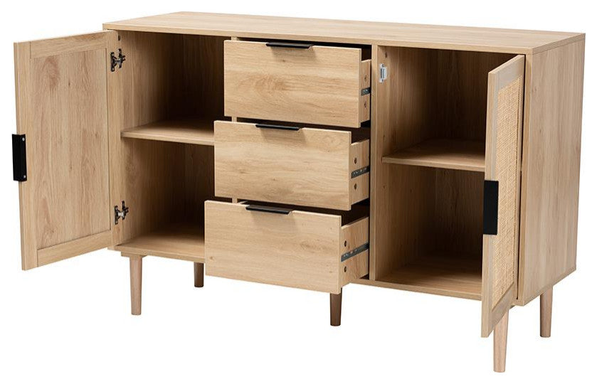 Natural Brown Finished Wood and Natural Rattan 3-Drawer Sideboard