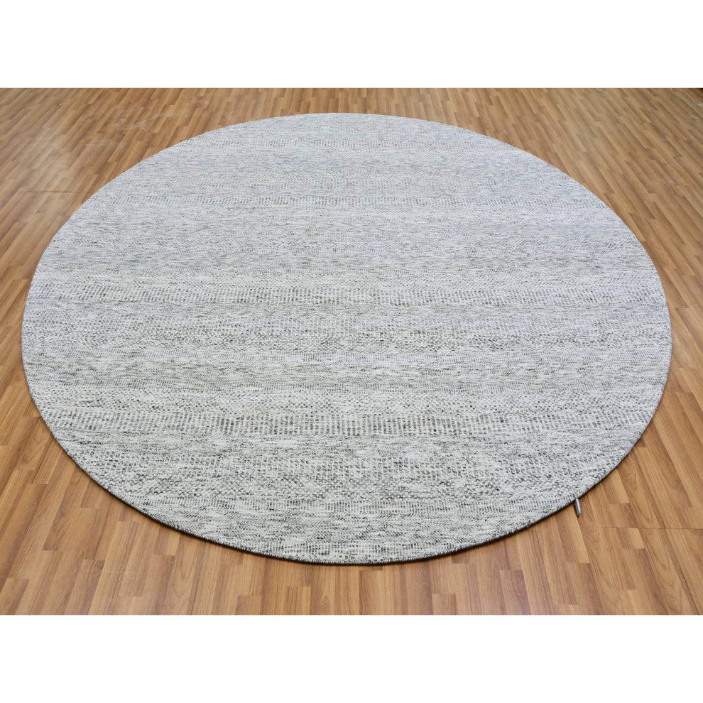 Goose Gray Undyed 100% Wool Hand Knotted Grass Design Round Rug, 9'5"x9'6"