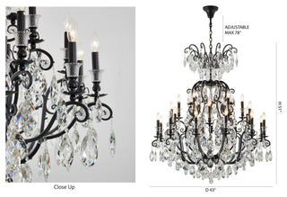 24-Light Matte Black Chandelier With Clear Hanging Crystals
