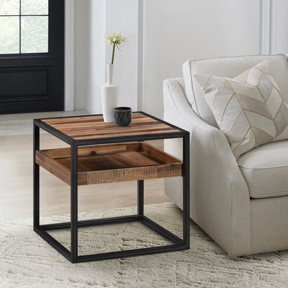 Ludgate Square End Table With Shelf, Acacia And Black Metal