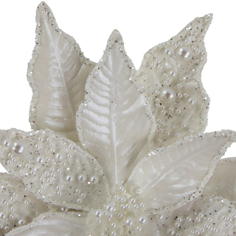 22" Pearl White Glittered Poinsettia Christmas Pick With Pearl Accents