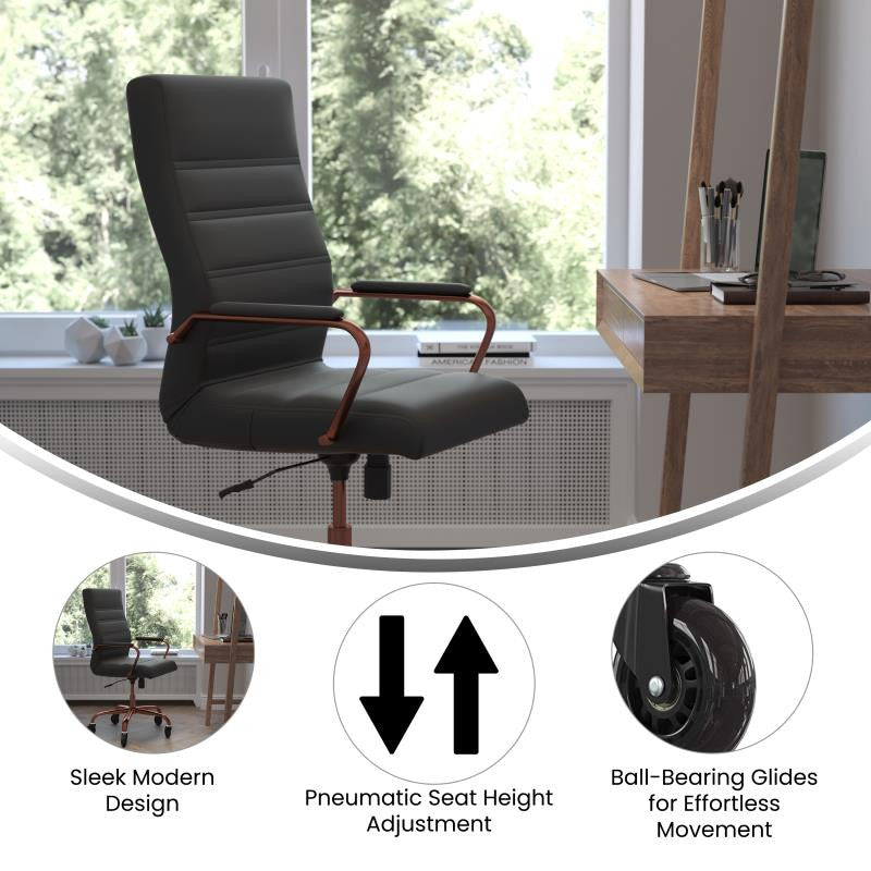 Whitney High Back Executive Swivel Office Chair with Black Frame & Arms, Black Leathersoft/Rose Gold Frame