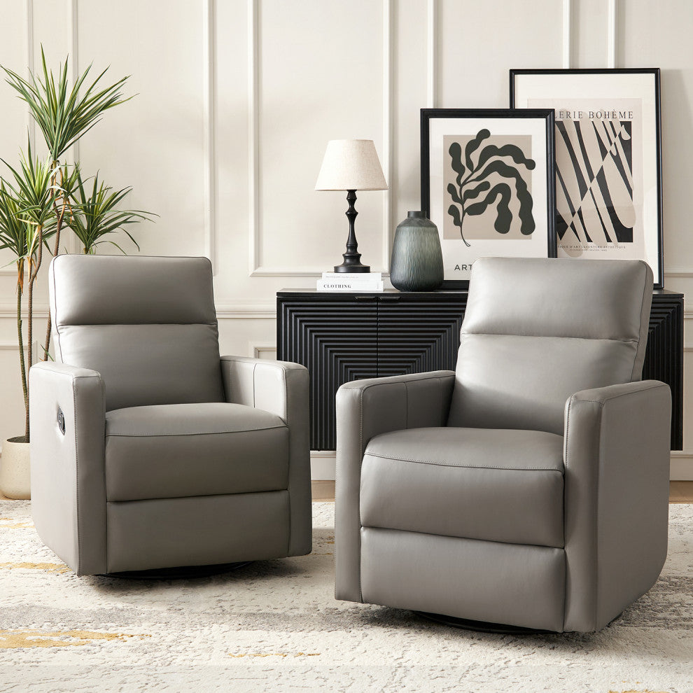 Genuine Leather Swivel Rocker Recliner Set of 2 With Adjustable Headrest, Gray