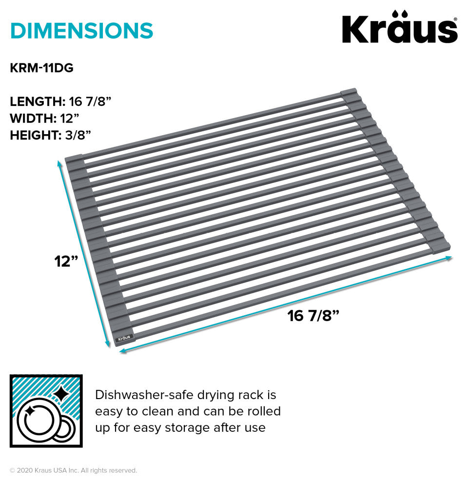 Kraus KRM-11DG Multipurpose Workstation Sink Roll-Up Dish Drying Rack Dark Grey