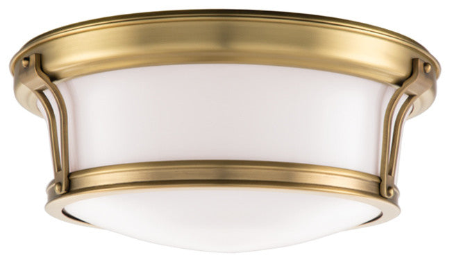 Newport, 13-inch Flush Mount, Aged Brass Finish, Opal Glossy Glass Shade