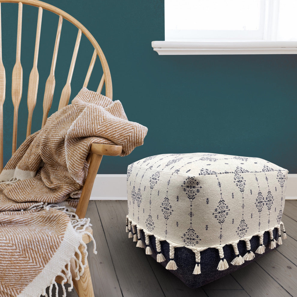 Navy and Ivory Scandinavian Ornamental Motif Pouf Ottoman