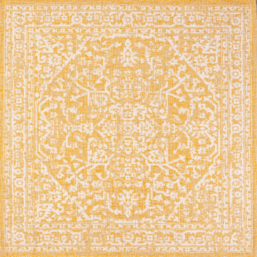 Malta Boho Medallion Textured Weave Indoor/Outdoor, Yellow/Cream, 5' Square