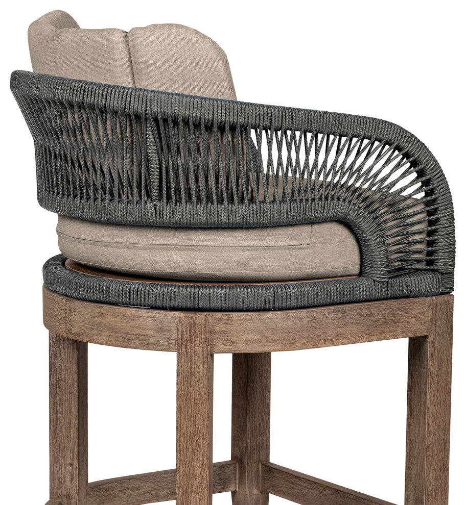 Orbit Outdoor Patio 30" Bar Stool Wood With Gray Rope/Taupe Olefin Cushions