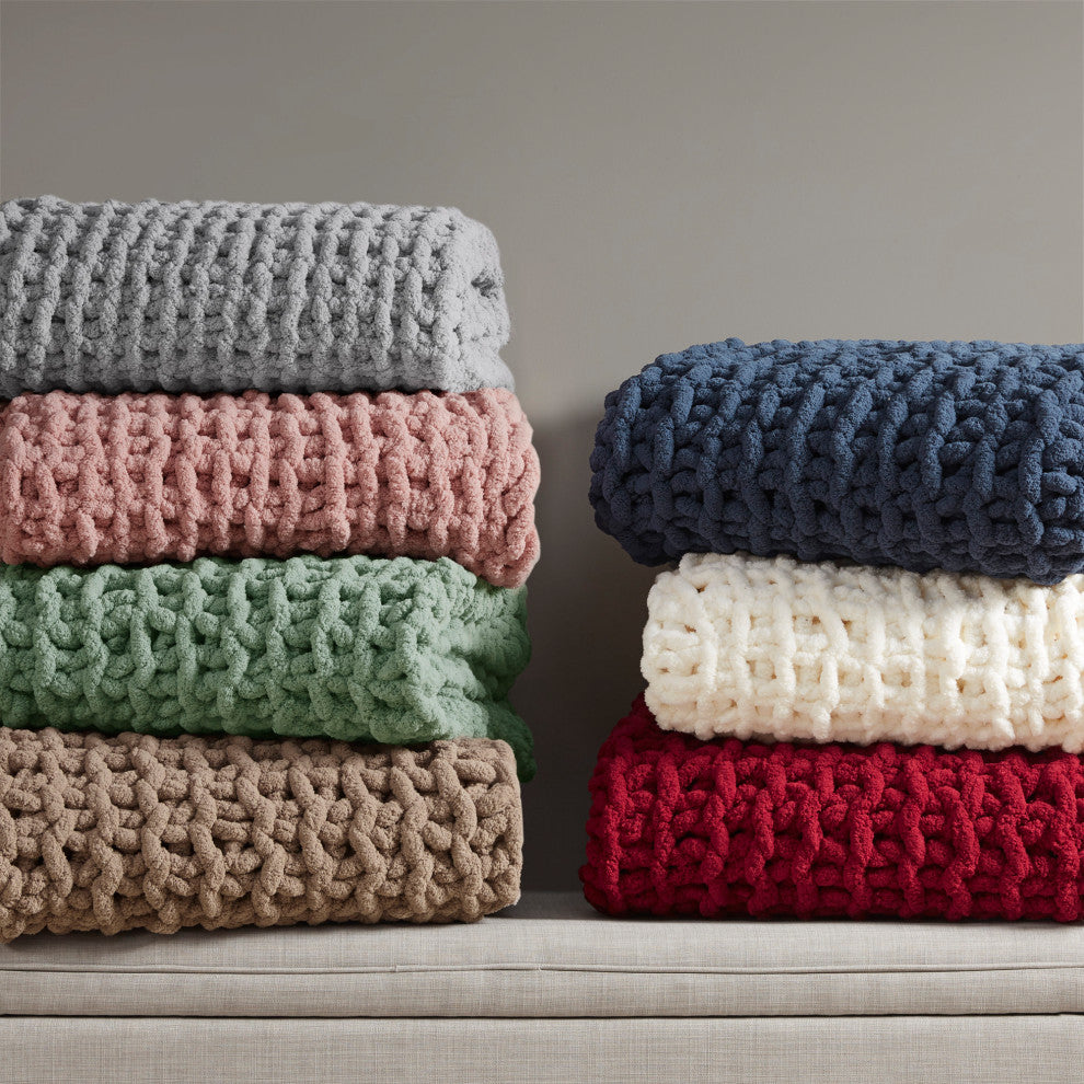 Madison Park Handmade Chenille Chunky Knit 50"x60" Throw, Ivory
