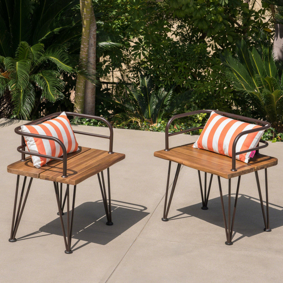 Rustic Outdoor Acacia Wood Chairs with Metal Frame, Teak Finish