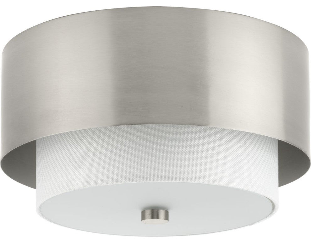 Silva Collection Two-Light Brushed Nickel White Linen Shade 14" Flush Mount, Brushed Nickel