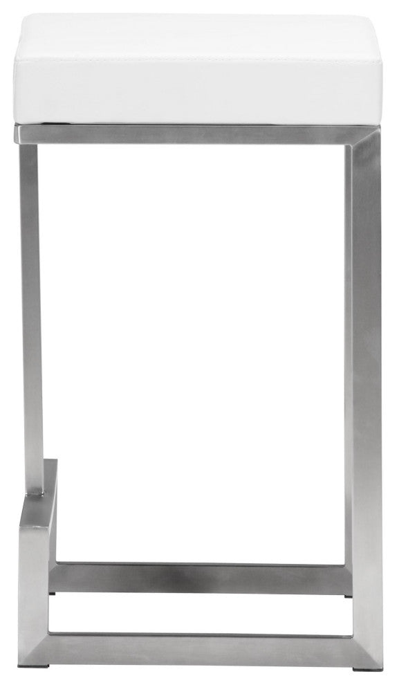 Counter Stool Chair, Set of 2, Faux Vinyl Leather, Steel, White, Silver, Cafe