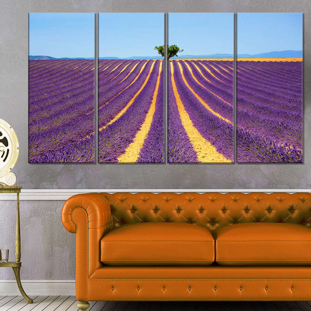 "Lonely Uphill Tree in Lavender Field" Landscape Wall Art, 4 Panels, 48"x28"
