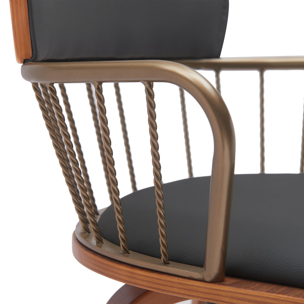 Willow 25.5" Swivel Walnut Wood Counter Stool, Black Faux Leather Bronze Metal, 30