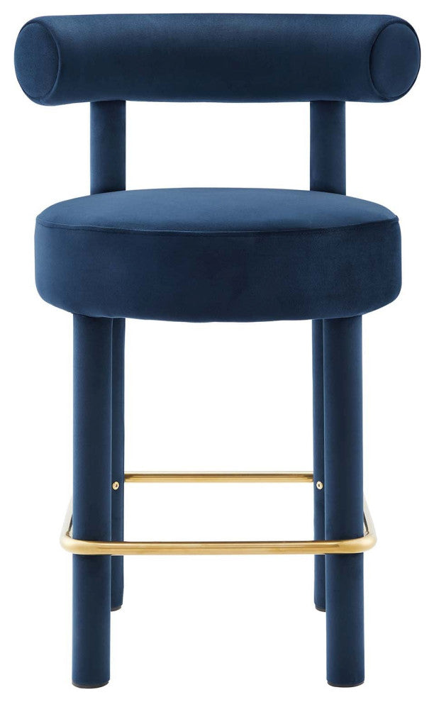 Toulouse Performance Velvet Counter Stool, Curved Round Bolster Kitchen Stool, Blue