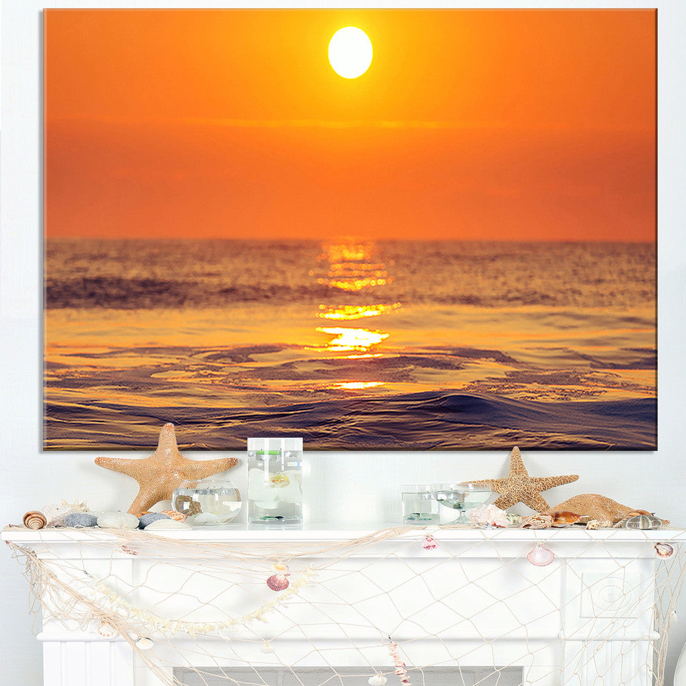 "Orange Sunrise And Glittering Waters" Seashore Canvas Wall Art, 40"x20"
