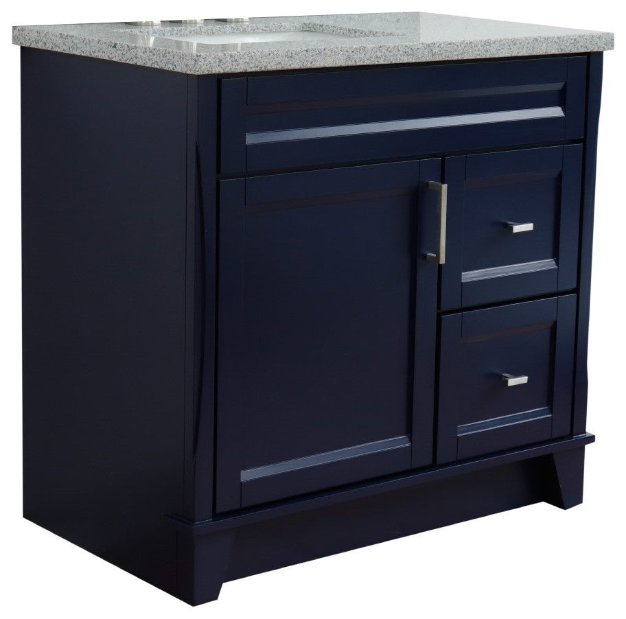 37" Single Sink Vanity, Blue Finish With Gray Granite And Left Door/Left Sink