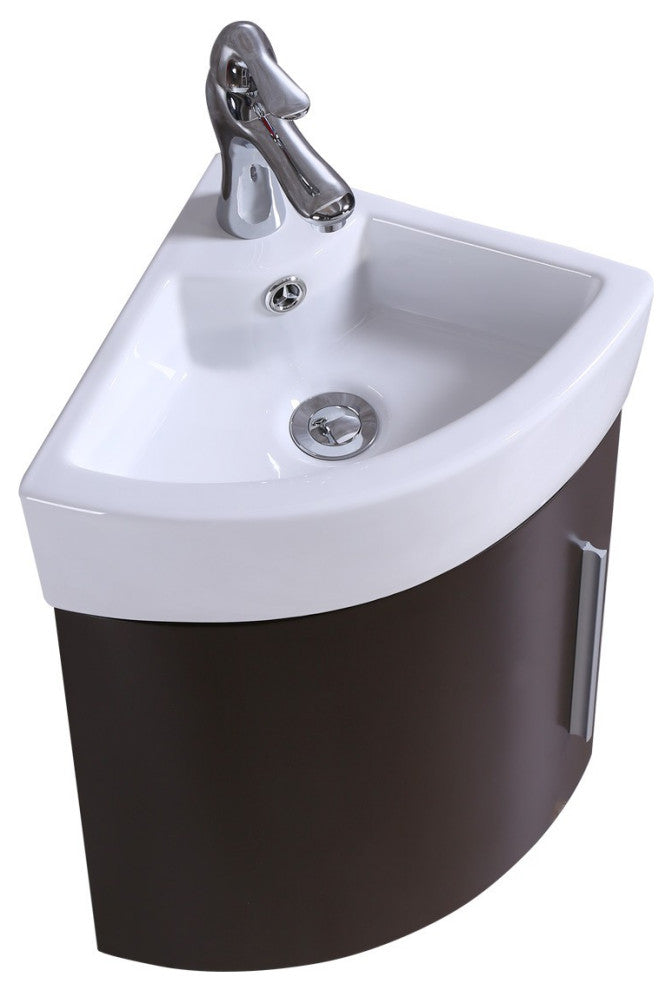 White Corner Vanity Cabinet Sink Oak Finish with Faucet Drain and Overflow