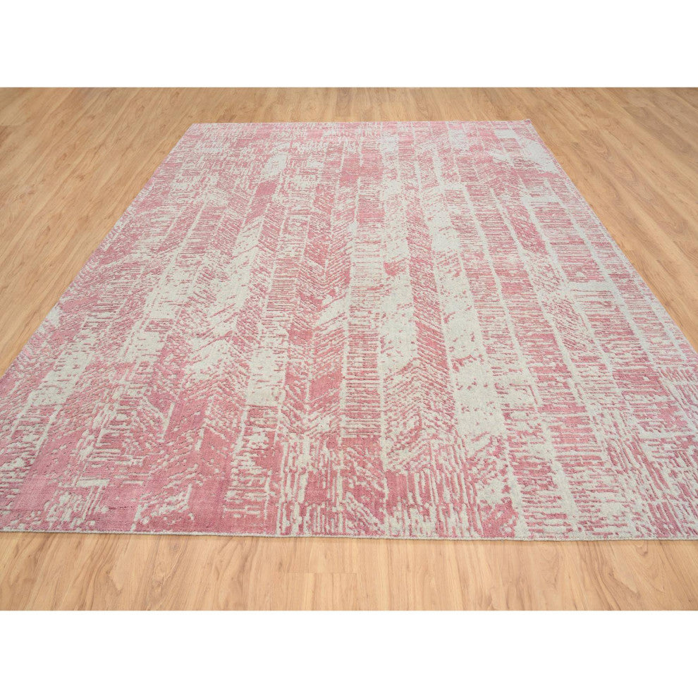 Rose Pink Jacquard Hand Loomed All Over Design Wool and Silk Rug, 9'0"x11'10"