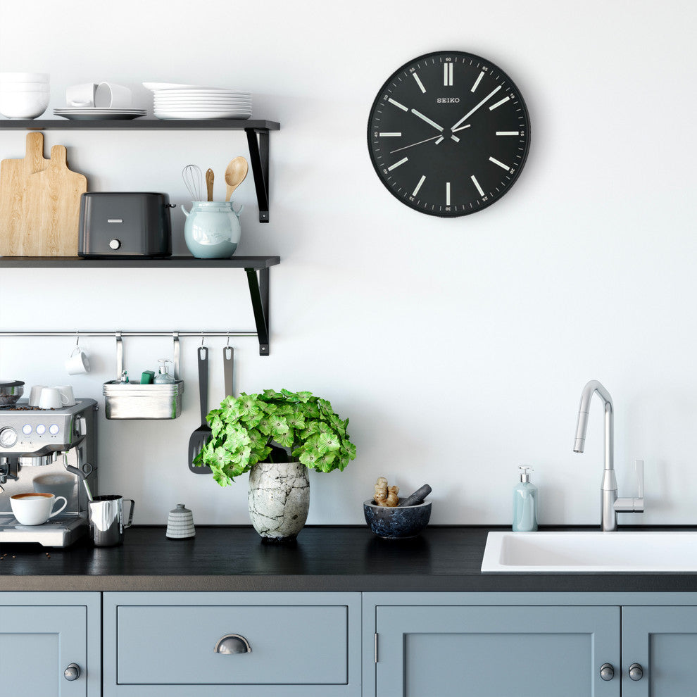 Seiko Clocks, 12" Black Wall Clock With White Markers